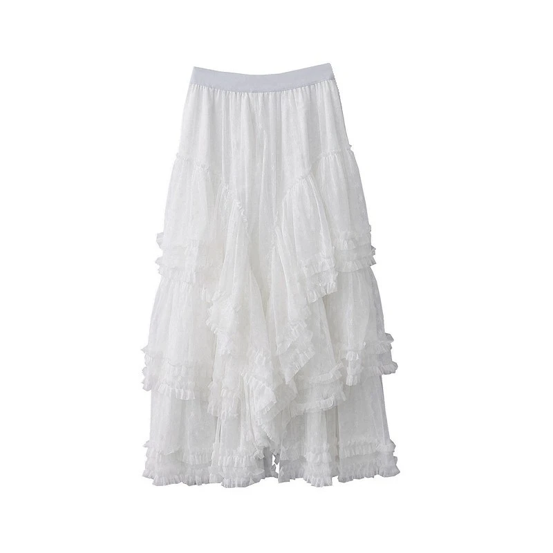 Women's French New Elastic Waist Mesh Dream Skirt Wooden Ear Stitching Irregular Fairy Cake Skirt White Black Long Skirt