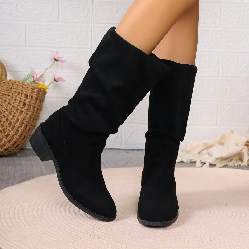 Cow Suede Mid-Calf Modern Boots for Women Fashion Winter Solid Slip-on Rubber Ladies Shoes Med Heel Round Toe Pu Boots