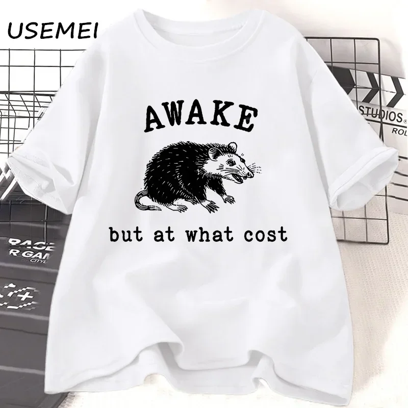 Awake But At What Cost Retro T-Shirt Funny Possum Graphic T-shirs Sarcastic Sayings T Shirt Vintage 90s Rat Meme Tshirt Tee