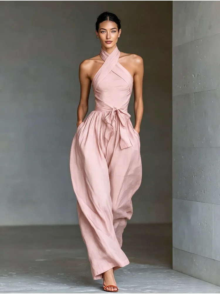 Summer High Waist Tie-up Wide Leg Pants Jumpsuit Woman Sexy Criss Cross Halter Backless Zips Romper Summer Solid Office Overalls