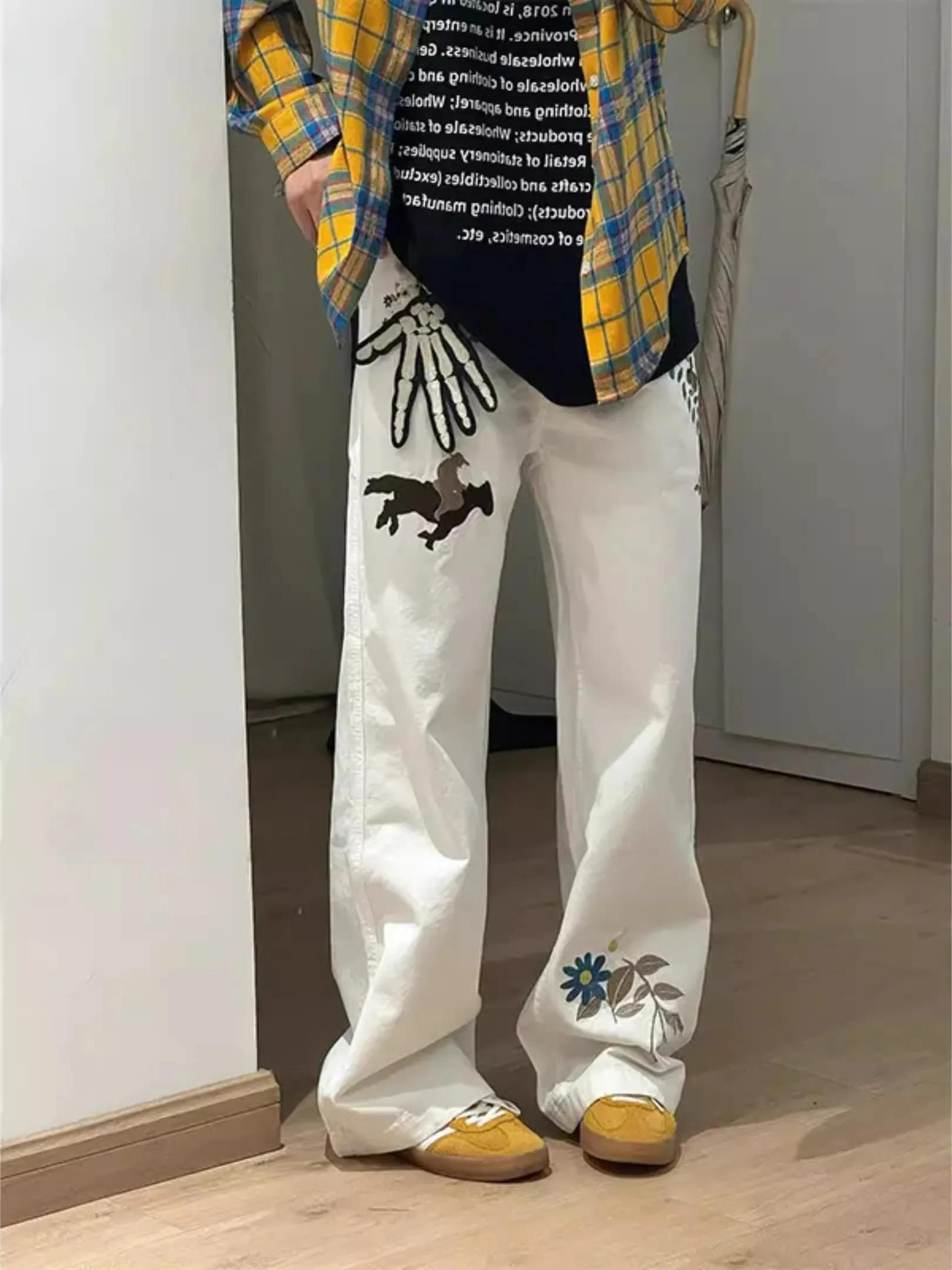 

Американские джинсы с вышивкой в стиле ретро, европейские и американские уличные выдувные брюки в стиле хип-хоп, мужские прямые расклешенные брюки высокого класса