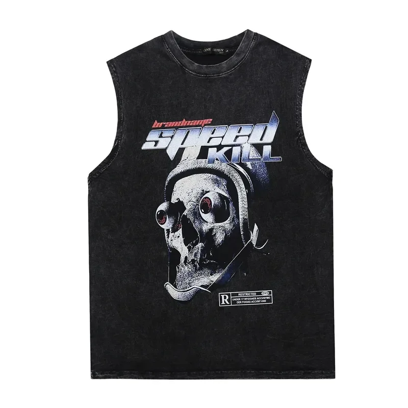 Men's Tank Tops Style Vintage Print Skull Dark Vibe Y2k High Street Sleeveless Hip Hop Streetwear Distrssed Retro Casual Loose