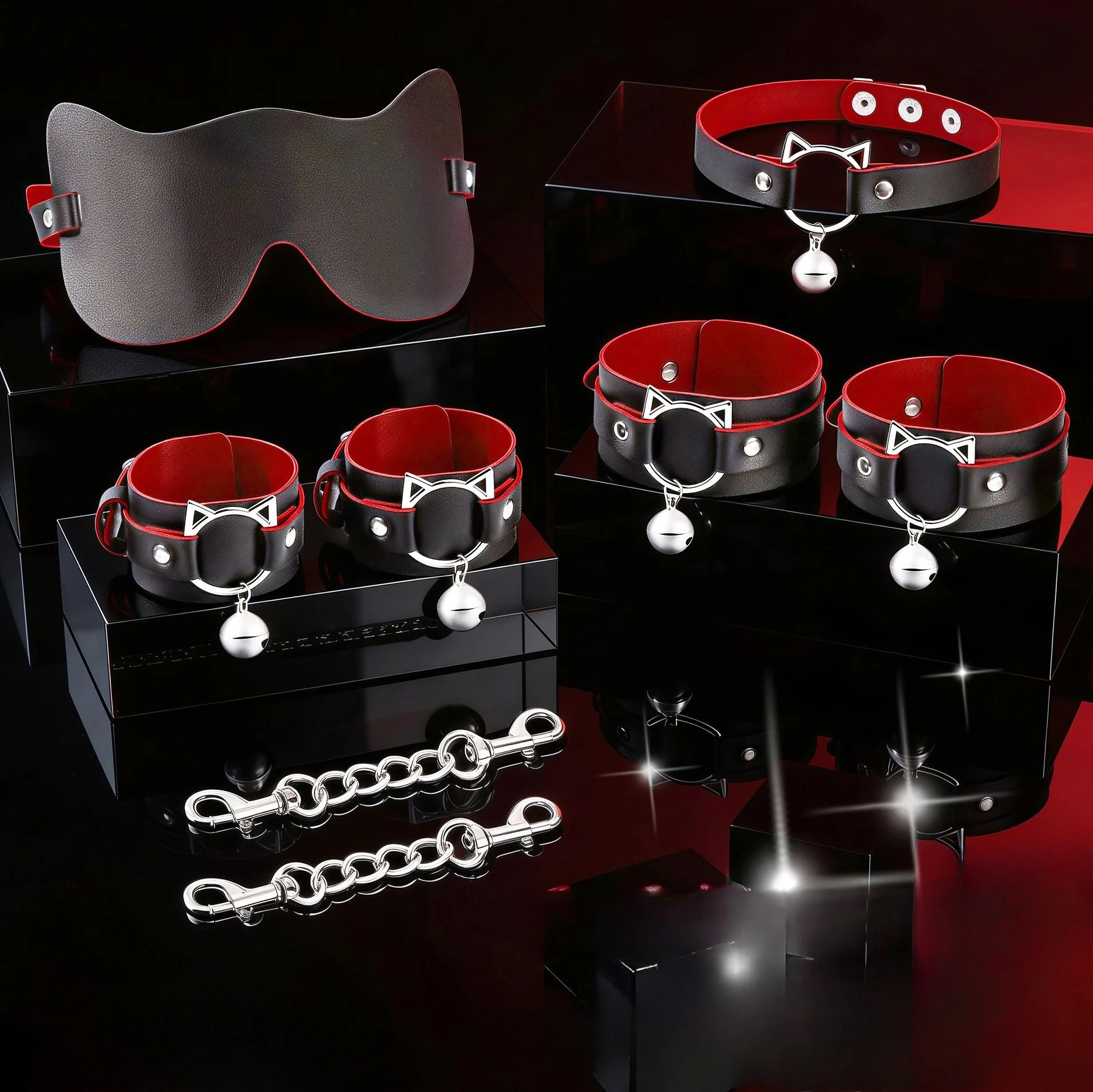 Kitten Play Set BDSM Bondage Gear Cat Mask Choker Collar with Bell Handcuffs Ankle Cuffs Slave Role Play Sex Toy for Women view 3