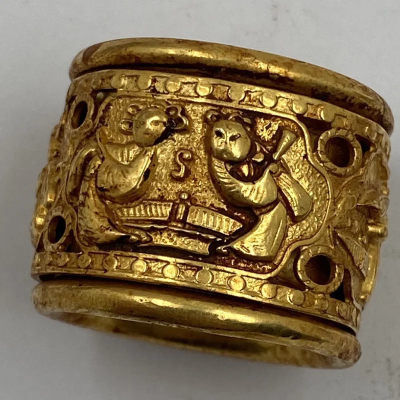 Antique Gold Ring Pure Copper Plated with 24K Gold Men's Rotatable Qianlong Craft