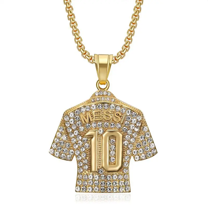 SZN 316L Stainless Steel Titanium gold plated Crystals football MESSI Messi 10 jersey pendant necklace 24in Necklace