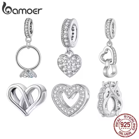 Bamoer 925 Sterling Silver Wedding Ring Septal Bead Heart Charms for Women Bracelet DIY Pave Setting CZ Fine Jewelry