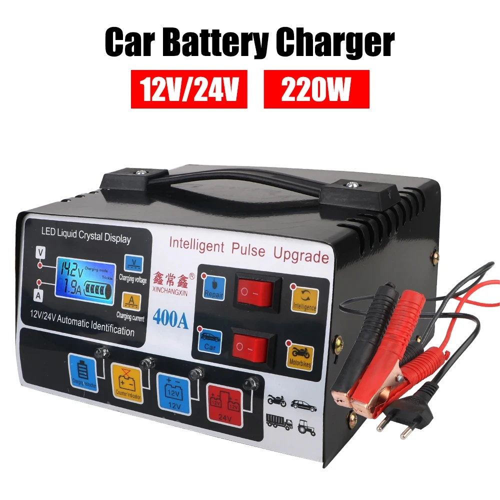 12V/24V Car Battery Charger 400A 220W Full Automatic Car Battery Charger Smart Pulse Repair Battery Charger for Car SUV Truck
