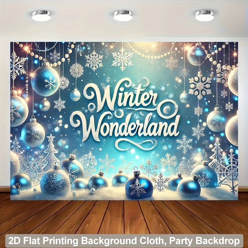 Fondo plano 2D, 1 pieza de invierno en el país de las maravillas con copos de nieve, adornos centelleantes y azul turquesa/dorados, reutilizable