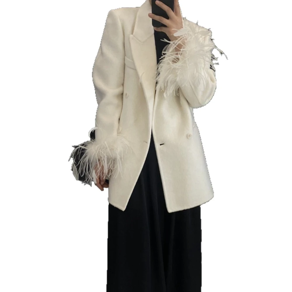 OFTBUY Women's 100% Wool Blazer Feather Cuff Double Breasted Suit Jacket Elegant Winter Warm Coat Casual Office Lady Outerwear