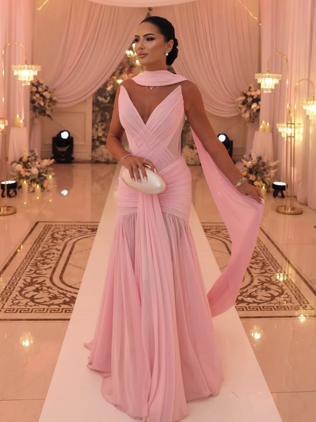 

Customized Mermaid Sleeveless Evening Dresses V Neck Prom Dresses Pleated Chiffon Open Back Floor Length Party Dresses