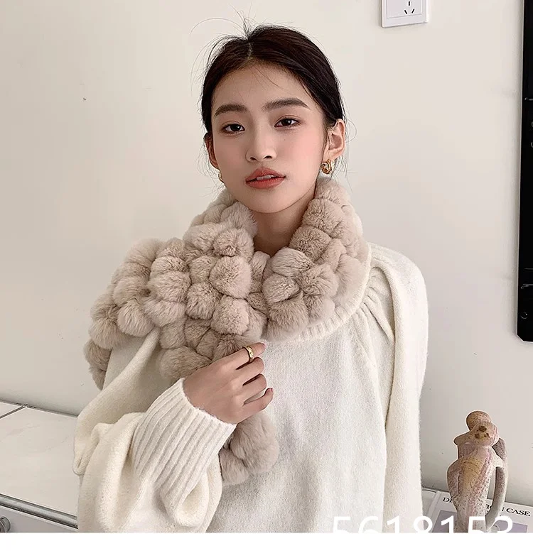 Beige Ball Scarf Imported Rex Rabbit Hair Warm Scarf Winter Double sided True Wool Collar Rabbit Hair Neck (5 colors available)