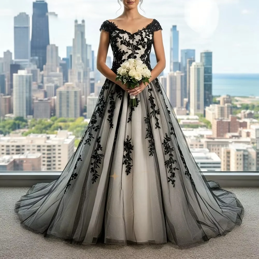 2026 Off the Shoulder Black Lace Wedding Dresses a Line Bridal Gown With Floral Appliques Sheer Tulle Skirt Luxury Gothic Style