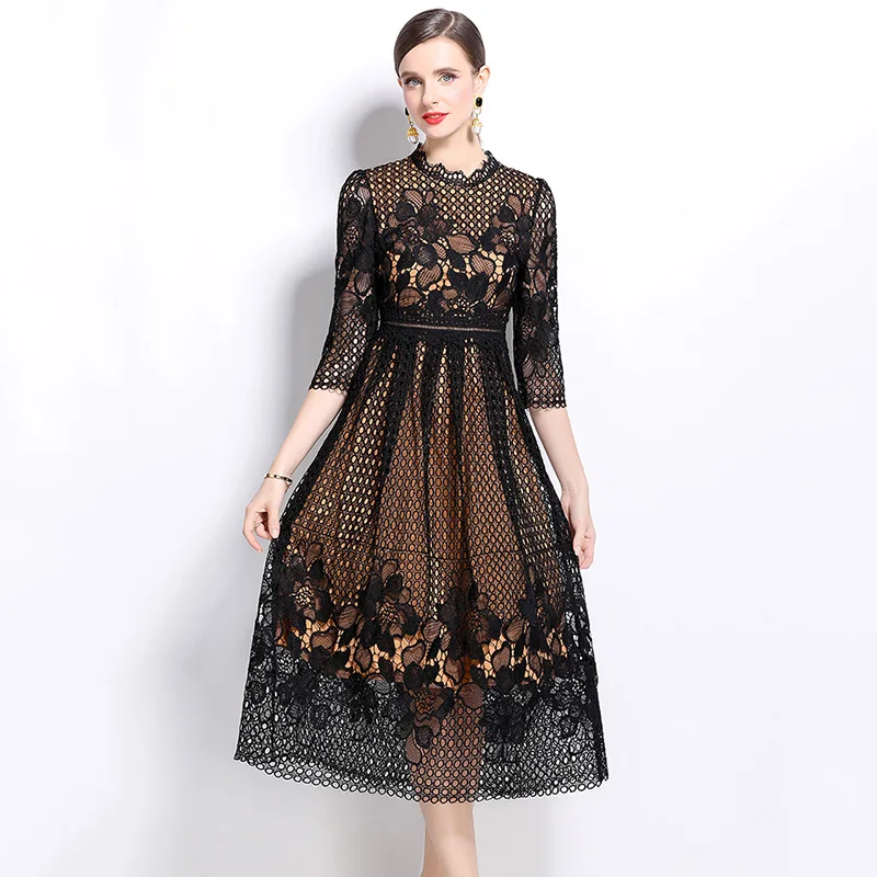 Autumn New Fashion Luxury Women Dress Elegant Slim O-Neck 2/3 Sleeved Hollow Out Lace Dress Vintage Party Dresses