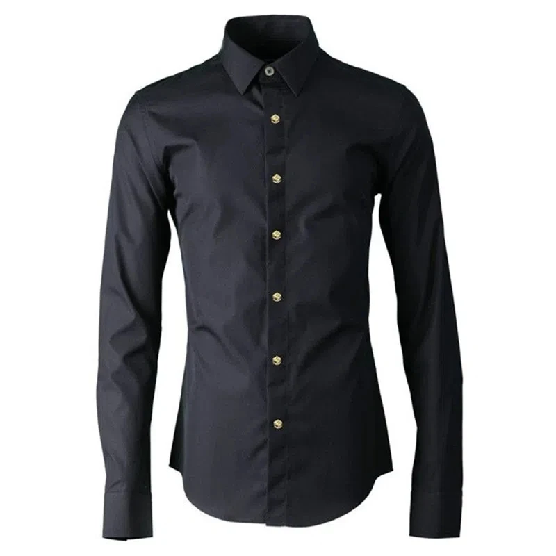 Slim Fit Long Sleeve Shirt Embroidered Rose Flower Alloy Rivet Men's Fashion I.T  Golden Alliance Ethnic Clothing