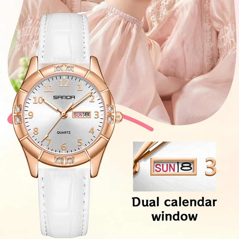 2026 Retro Ladies Quartz Watch Waterproof Leather Strap Luminous Sunburst Dial Dual Calendar Simple Student Women's Wristwatch