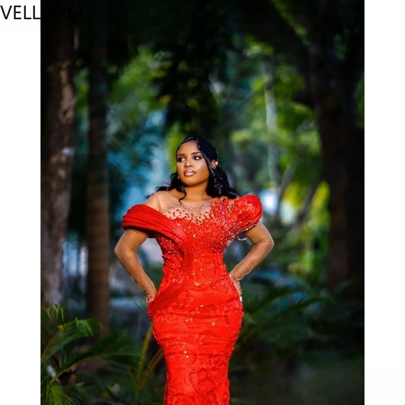 Aso Ebi Nigerian Red Mermaid Prom Dresses 2026 Floral Lace Crystals Stylish Evening Gown Second Birthday Gowns Dress Customized image 5