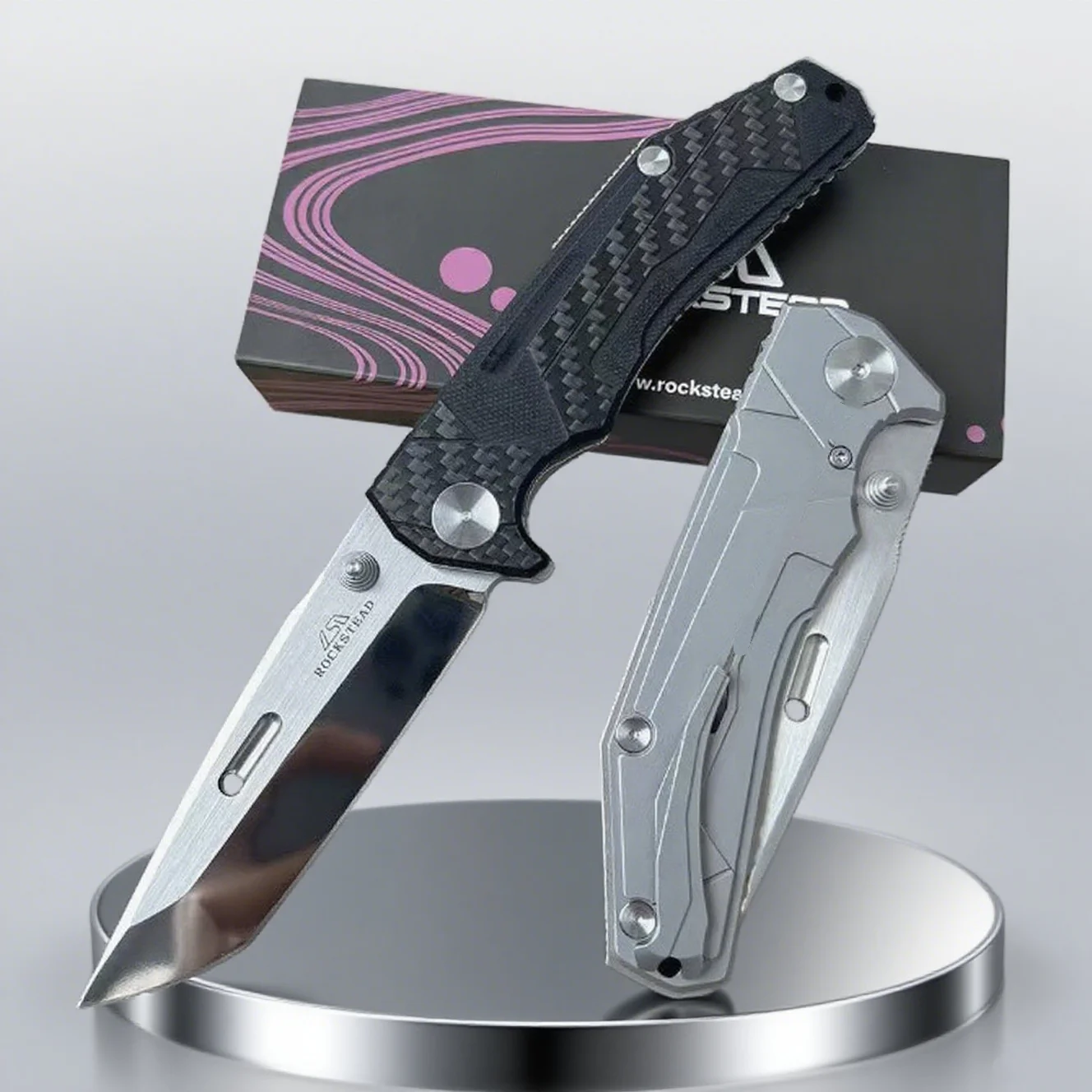

Rockstead - Carbon fiber and G10 hybrid handle, portable folding knife, pure handcrafted sharp mirror-like shiny knife