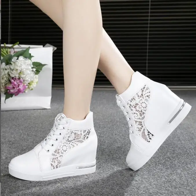 

New Women Wedge Shoes Platform Sneakers Rubber PU Leather High heels Lace Up Shoes The mesh is hollow Height Increasin shoes