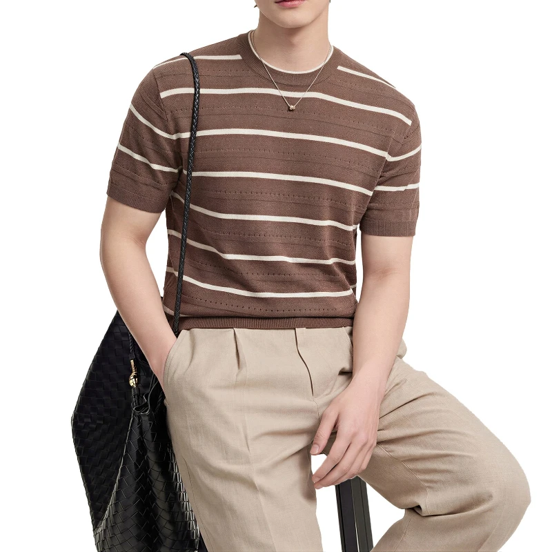 Striped Short Sleeve Knitwear Men's Crew Neck T-Shirt Summer