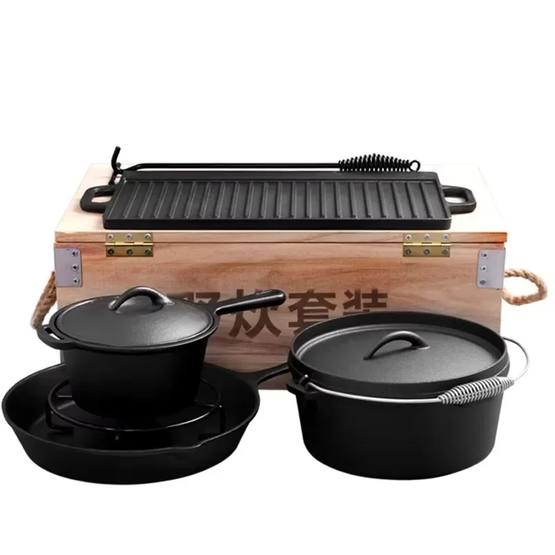 7 Piece Modern Cast Iron Dutch Oven Cookware Set Camping Frying Pan Lifter Outdoor Cooking Utensils with Storage Box