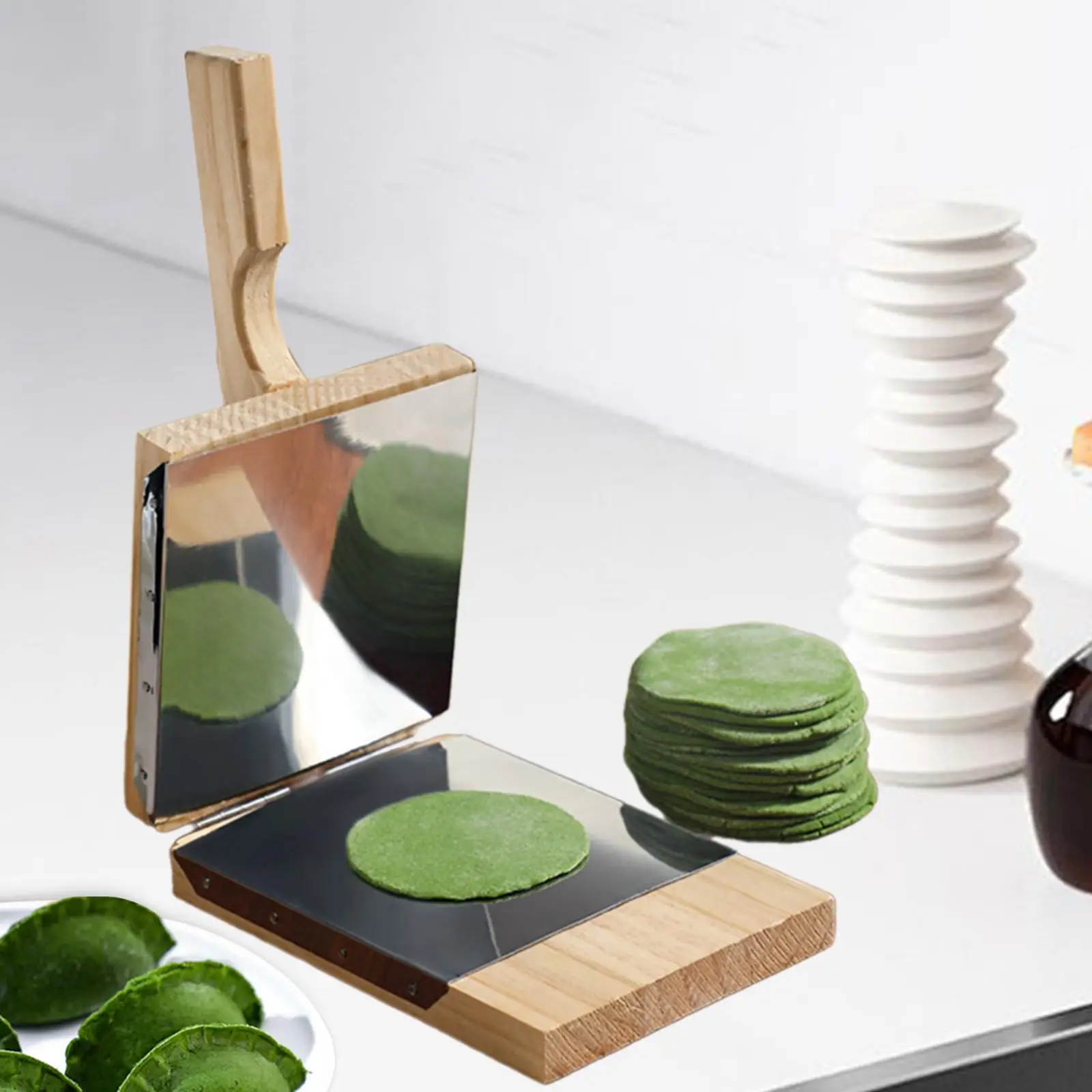Wooden Dumpling Maker Press Ergonomic Handle Stainless Steel Baking Gadget for Home Kitchen Corn Pancake Biscuit Wrappers