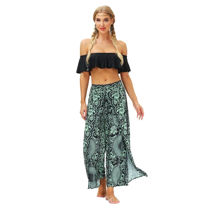 Summer Ethnic Style Casual Sport Wide Leg Pants Women Digital Printing Thin High Waist Loose Pants Gym All-Match Split Trousers