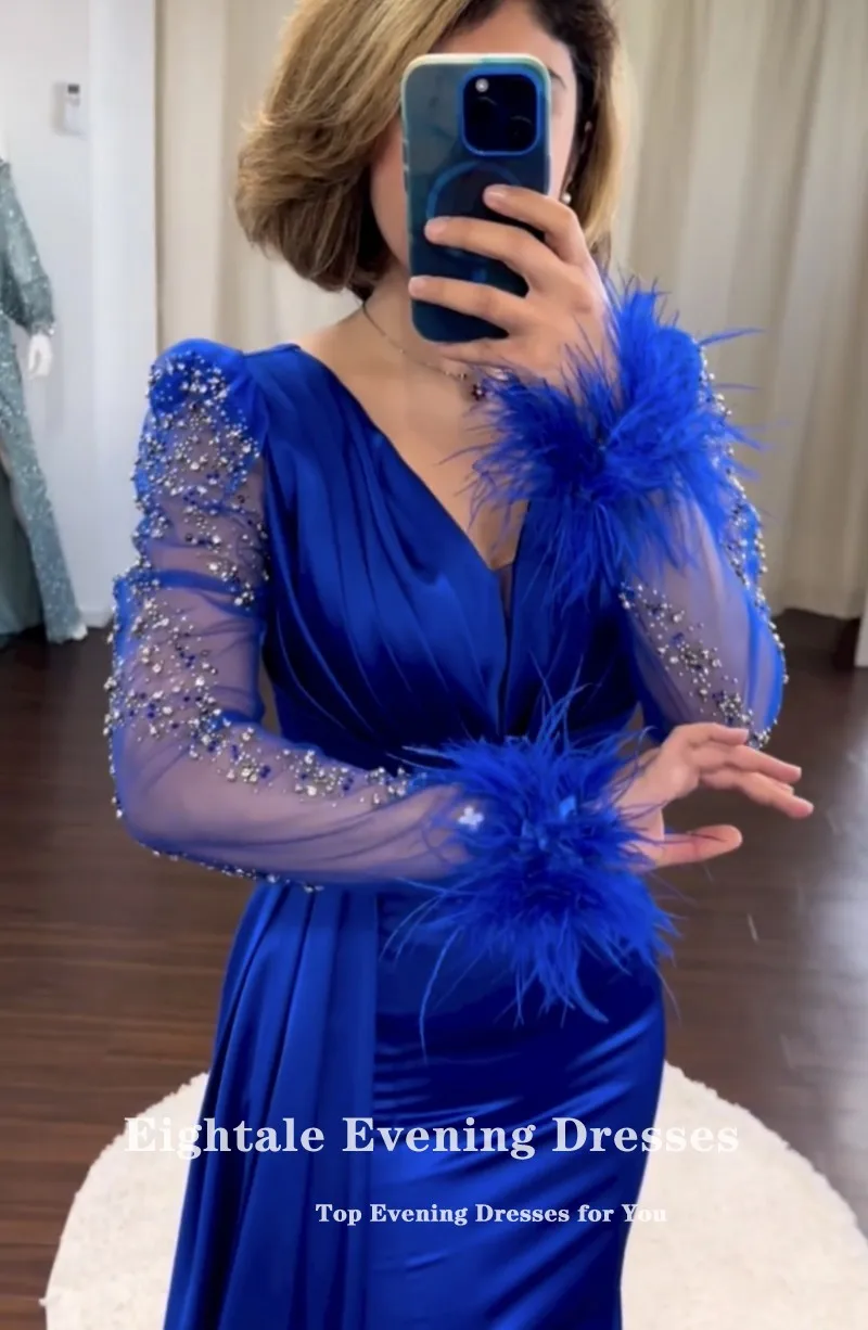 Eightale Royal Blue Evening Dress for Wedding Party V-Neck Satin Beaded Long Sleeves Arabic Dubai Prom Gowns Feather Celebrity