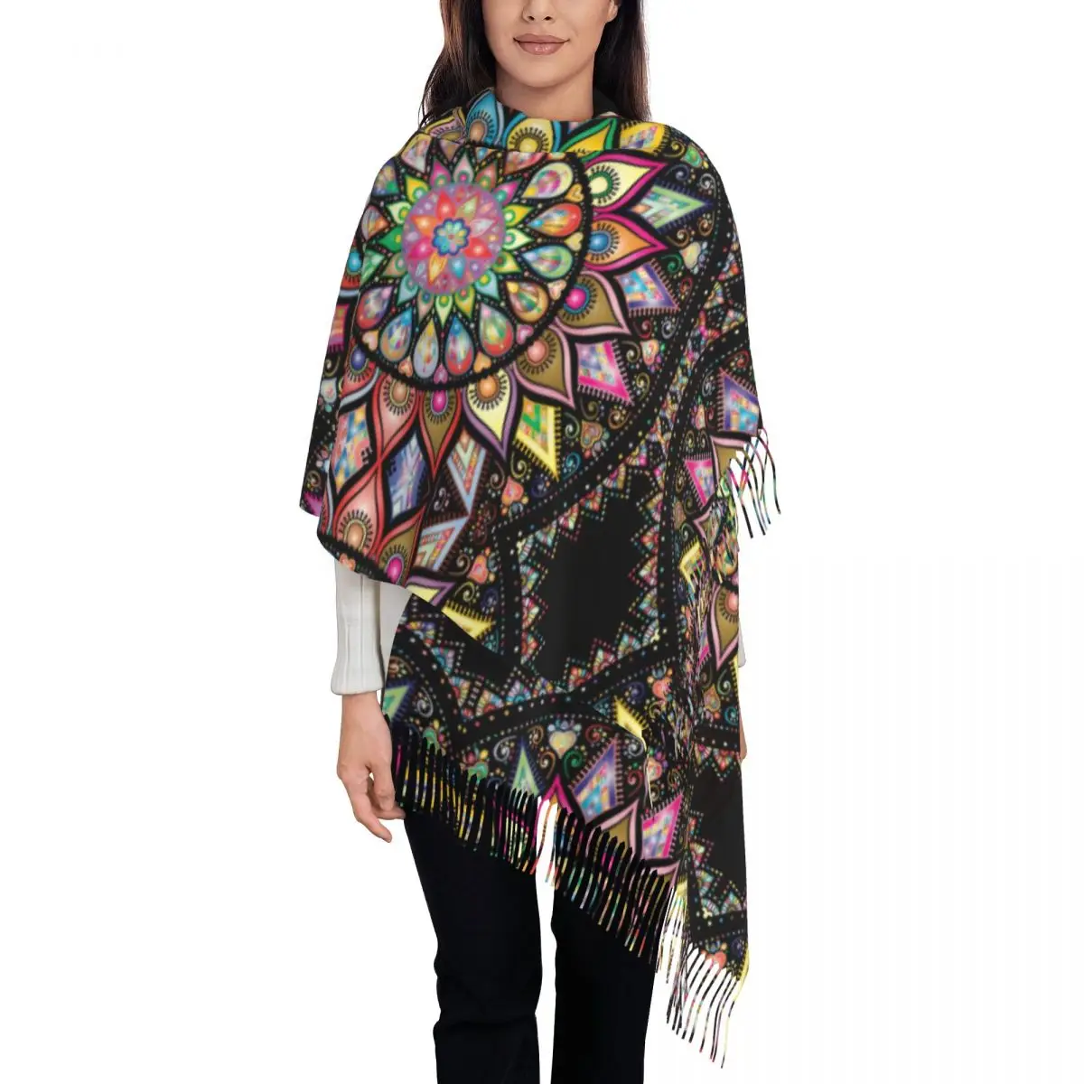 

Красочный шарф с кисточками в виде мандали лотоса, женские мягкие буддийские шали с цветами, женские зимние шарфы