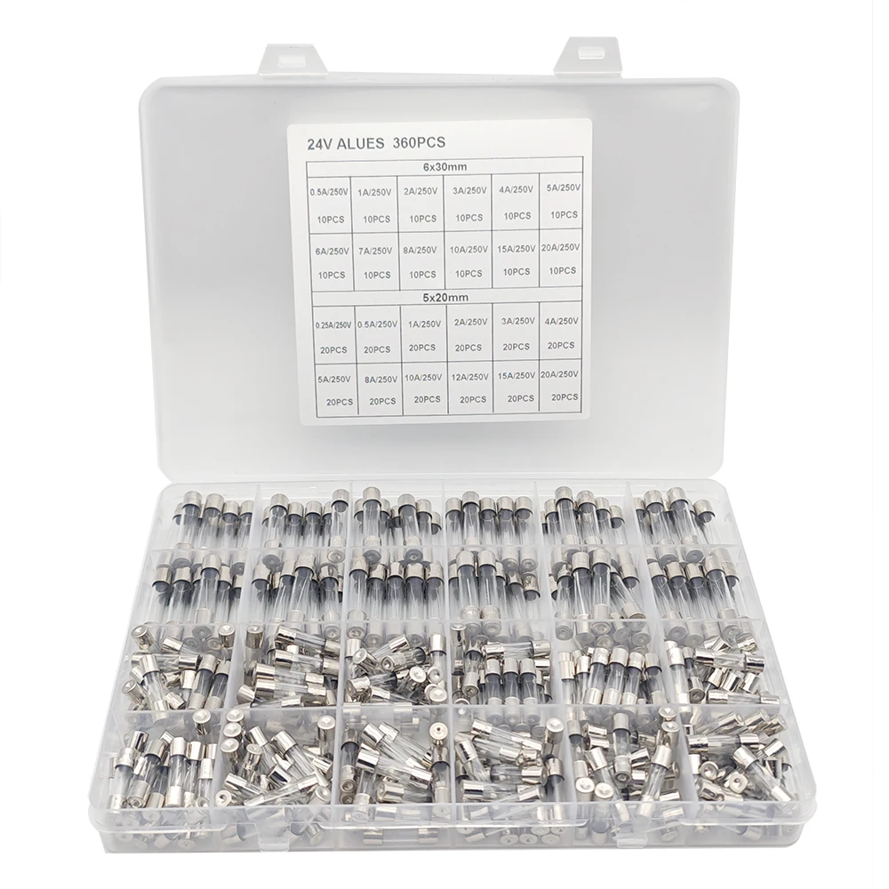 24 قيم 360 قطعة مجموعة متنوعة من الصمامات الزجاجية سريعة النفخ 5x20 مللي متر 250 فولت 0.25-20A 6x30 مللي متر 0.5-20A أمبير حزمة في صندوق بلاستيكي شفاف #1