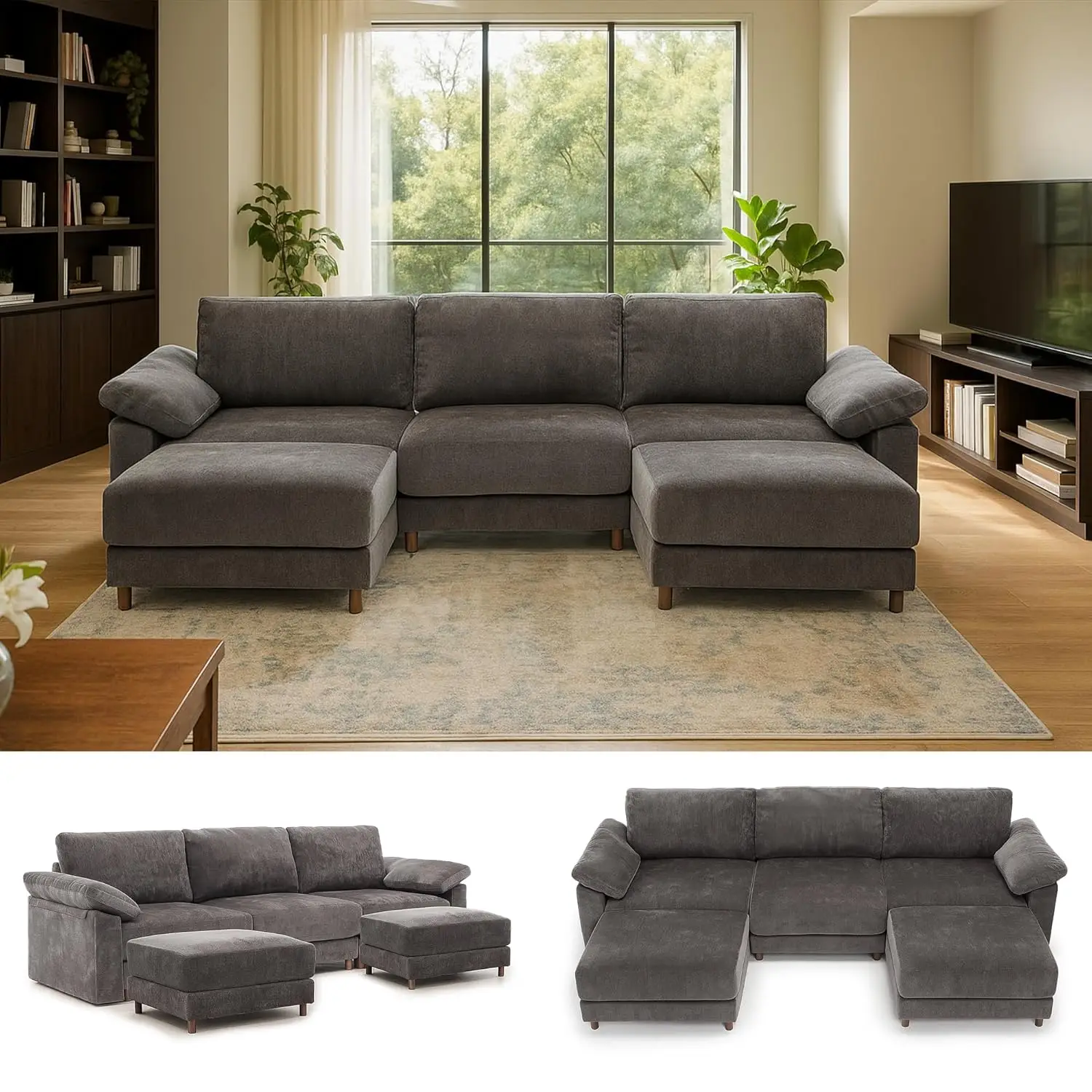 

Модульный секционный диван Cloud - глубокий секционный диван-софа, современный комфортный диван из шенилла для гостиной (серый, 5-местный, на заказ)