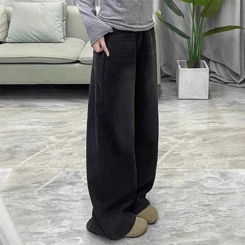 Retro Black Gray Wide Leg Jeans Women Spring Autumn Style High Waist Slimming Loose Straight Leg Draped Floor Length Pants WJ663