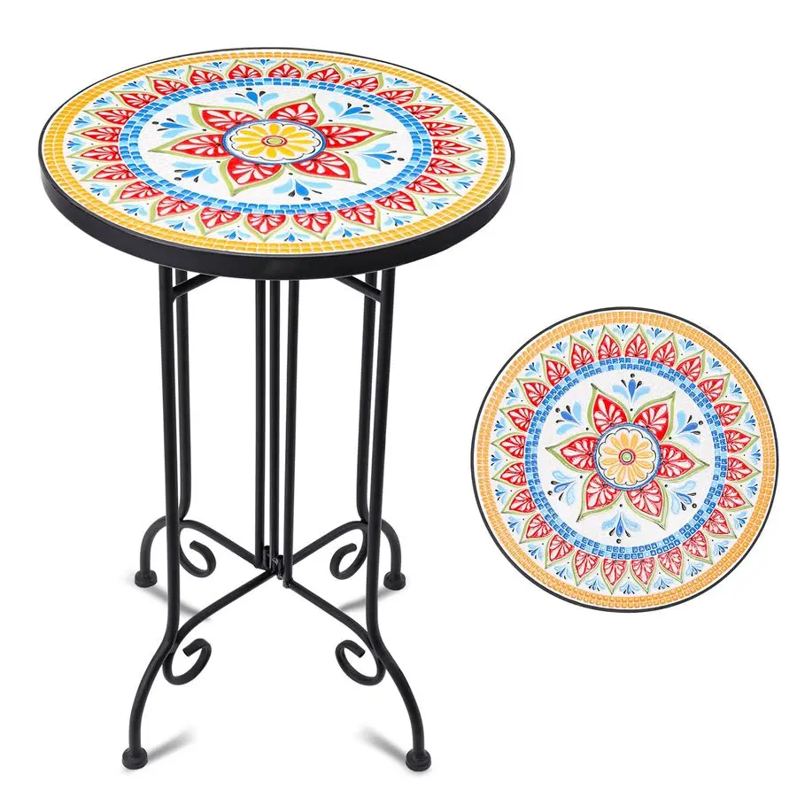 

Mosaic Outdoor Side Table, Round Rustproof Patio Tables with 14 Ceramic Tile Top, Indoor Porch Accent Table for Yard, Garden, L
