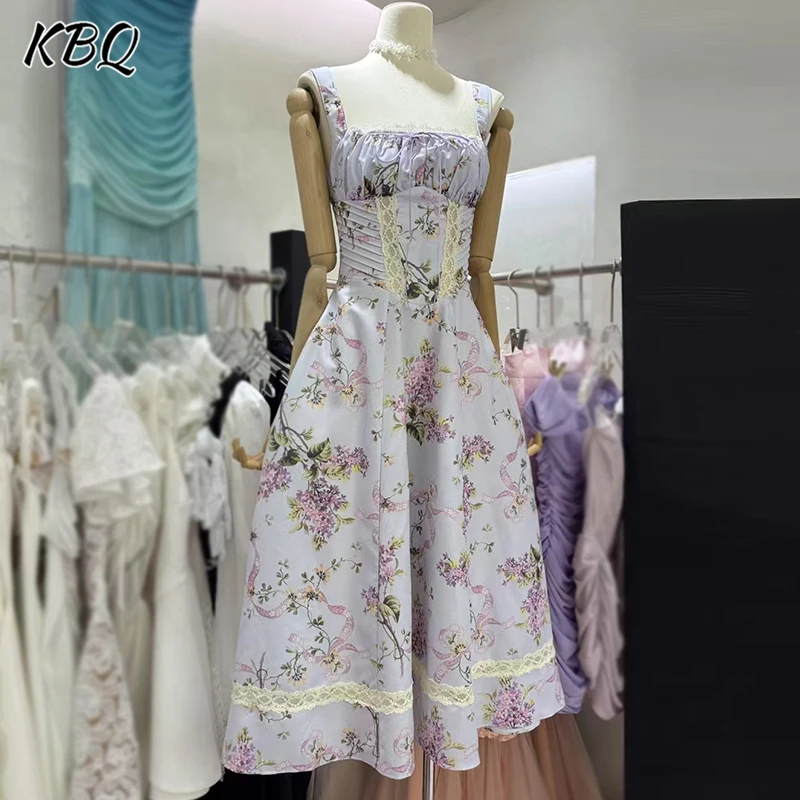 

KBQ Hit Color Printing Slimming Dresses for Women Square Collar Sleeveless High Waist Temperament Dress Female Fashion Style New