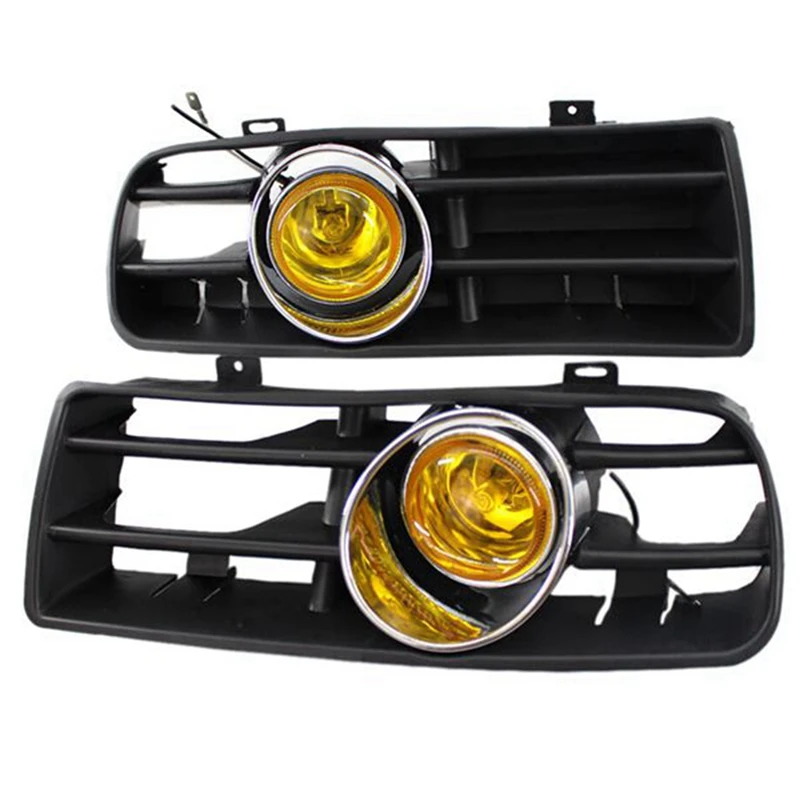 2Pair Front Bumper Grill Fog Lights Grille LED Lamp With Wire Kit Yellow For Volkswagen Golf MK4 1998-2004