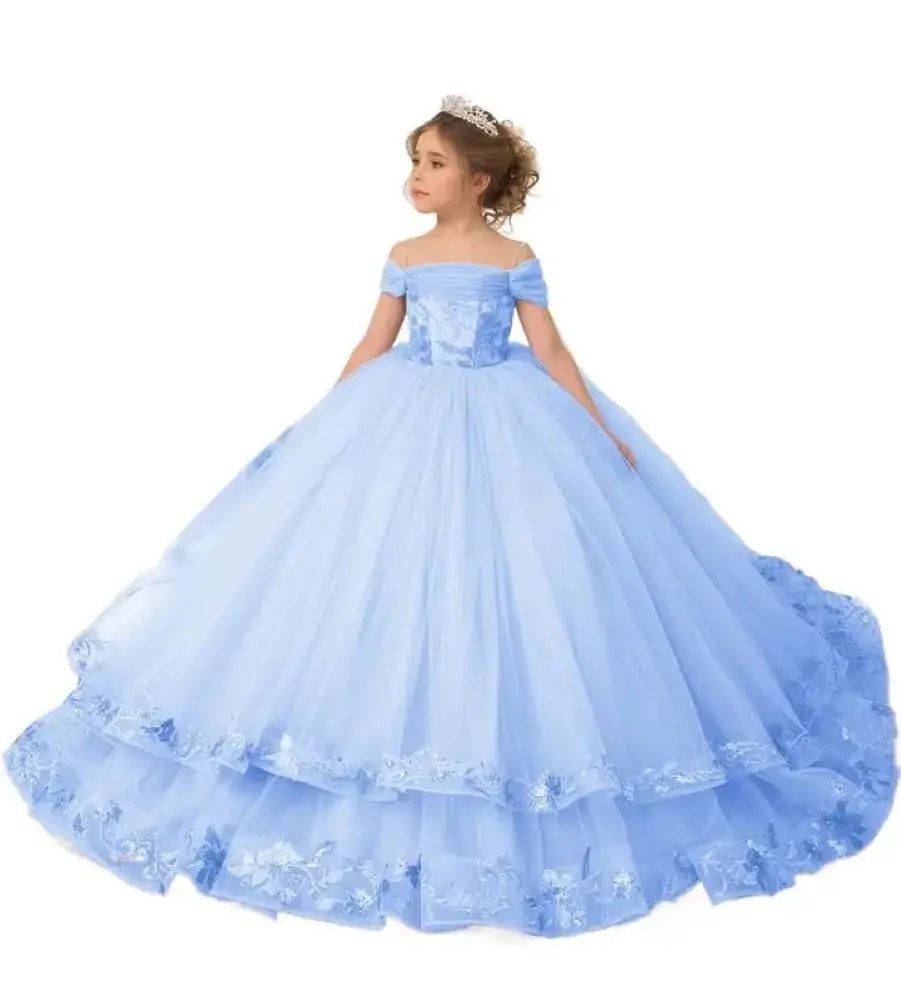 Customized Sky Blue Flower Girl Dresses For Wedding Appliques Off Shoulder Princess Birthday Party First Communion Ball Gown