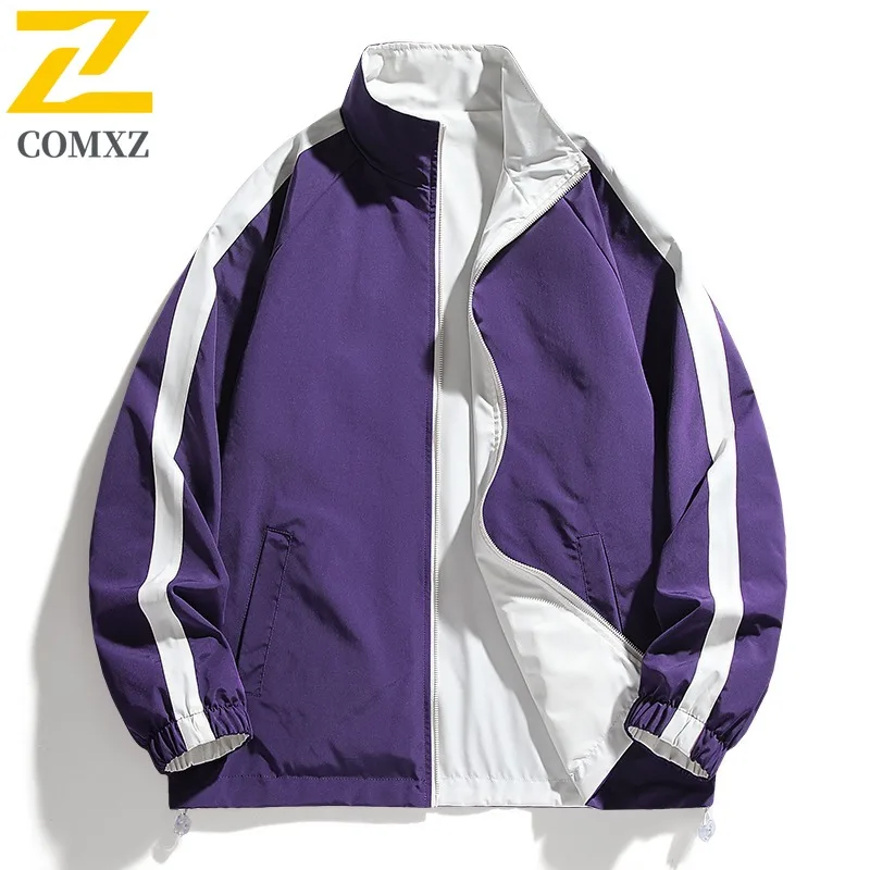

COMXZ 2025 Men Color Block Jacket 2025 Versatile Loose Fit American Casual OutdoorTravel Camping Jacket Lightweight Windbreaker
