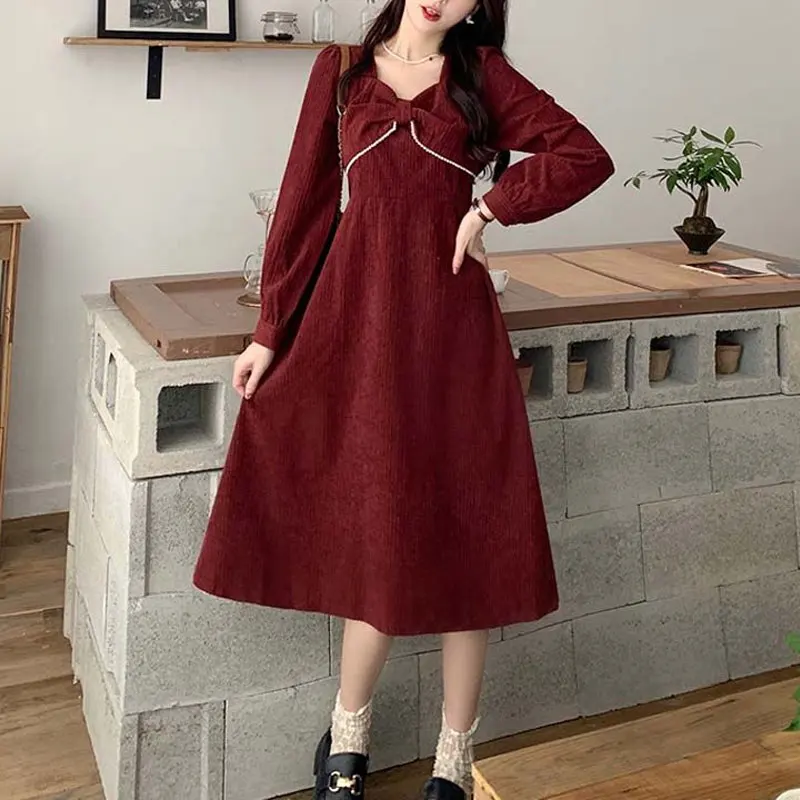 

Corduroy Stylish Bow Beading Dresses Female Clothing French Style A-Line Waist Autumn Winter Vintage Elegant V-Neck Midi Dress