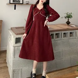 Corduroy Stylish Bow Beading Dresses Female Clothing French Style A-Line Waist Autumn Winter Vintage Elegant V-Neck Midi Dress