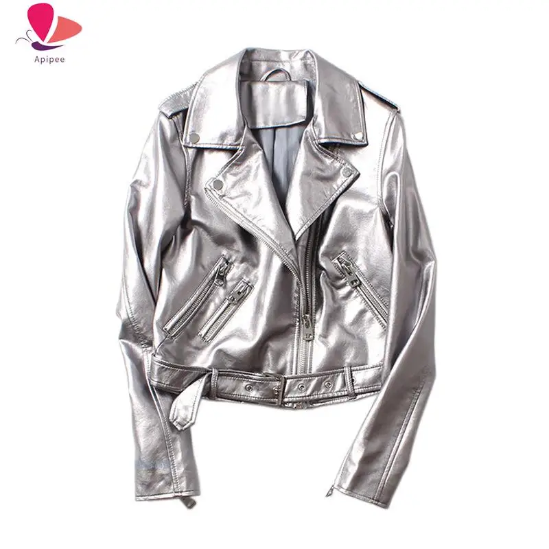 APIPEE Silver Oversized Fake Leather Jackets Women Loose Autumn Winter Coats Women PU Leather Streetwear Motorcycle Jacket