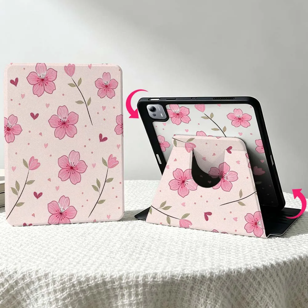 Pink Flower Design Soft For Xiaomi Mi Redmi Poco Pad 8 7 7S 6 6S 5 SE Pro Ultra 360° Rotation Stylus Storage Tablet Case
