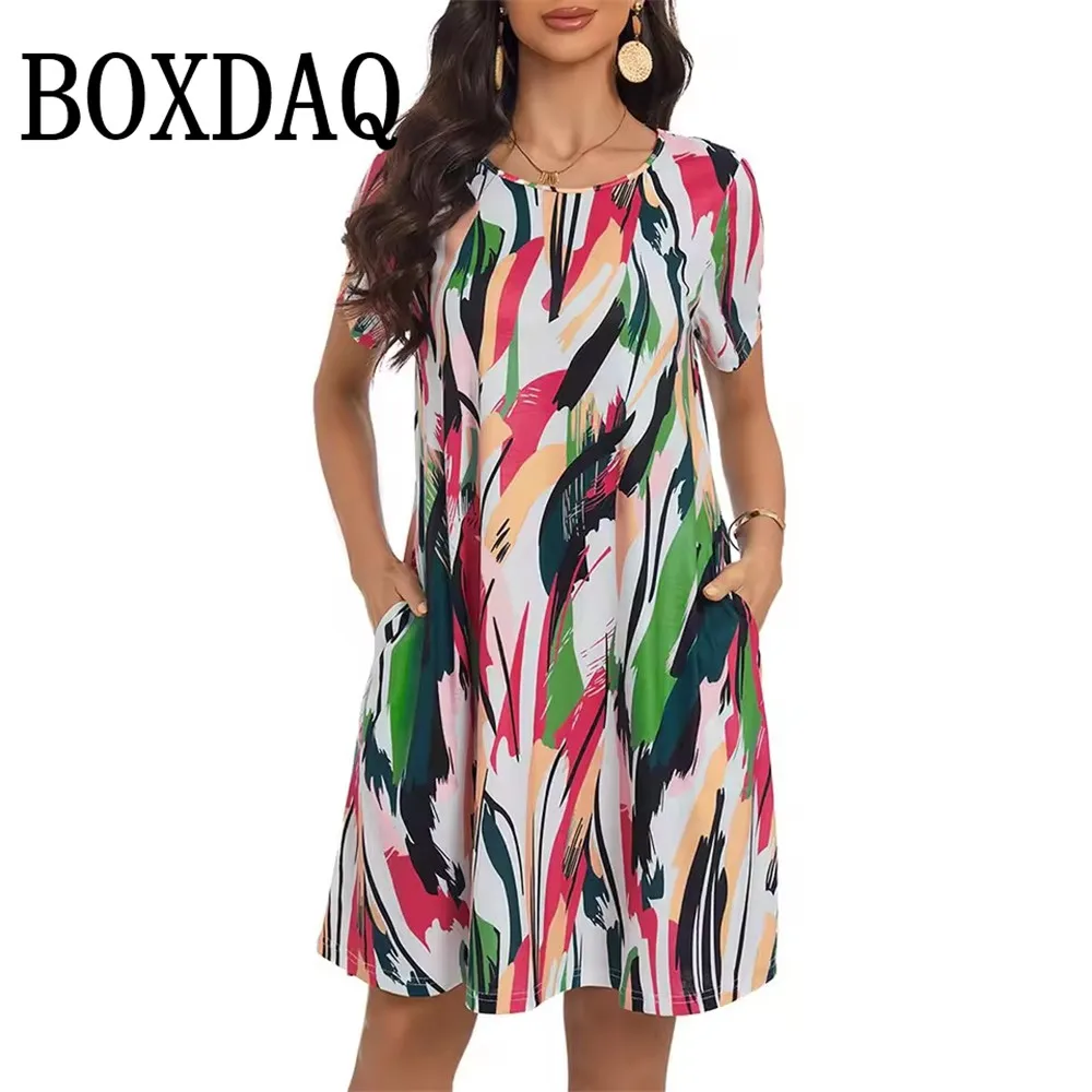 2025 New Women's Dresses 3D Ethnic Printed Women Short Sleeve Dress Summer Fashion Loose A-Line Elegant Casual Ladies Dresses