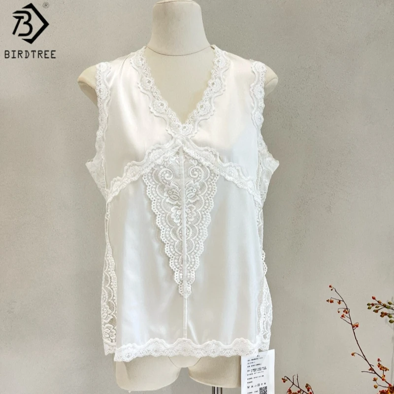 

Майка-топ Birdtree из 90% натурального шелка и 10% спандекса, без рукавов, с V-образным вырезом и кружевом, свободный крой, женская базовая модель, новинка весны 2026, T61731JF