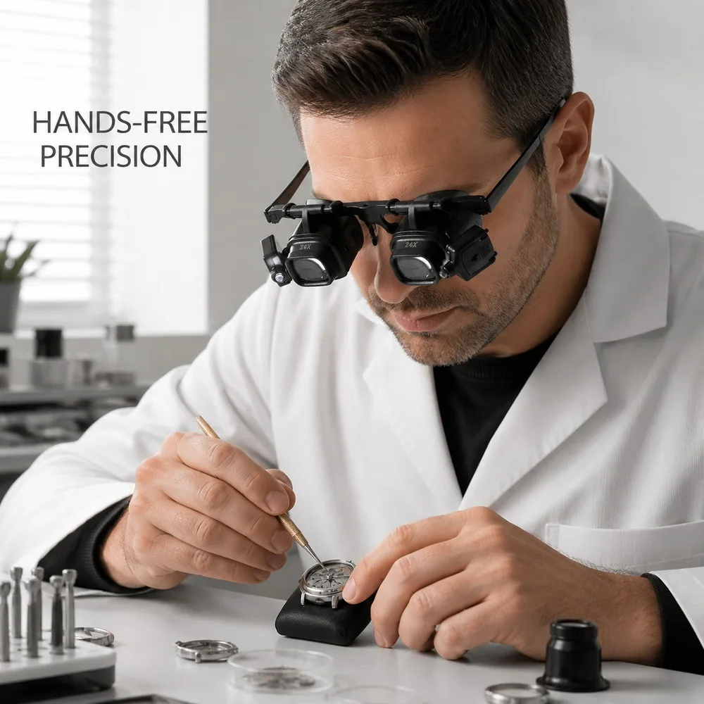 24X Headband Magnifier Glasses with Dual LED 5 Lens Sets Hands-Free Loupe for Watch Repair Electronics Jewelry Crafts