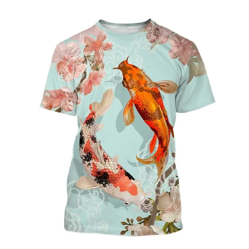 Summer Men'S Koi Patterned Art 3d Printed T-Shirt Fashion Street Harajuku Retro Trend O Collar Short Sleeve Plus Size Top