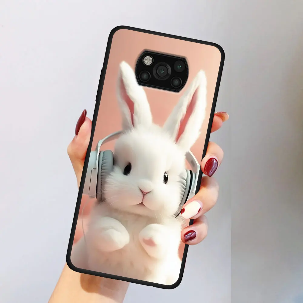 A Cute Rabbit With A Purple Hat Case for Xiaomi Poco X6 X3 NFC M5s X5 F3 M4 M3 Pro Black Silicone Soft Phone Cover Coque