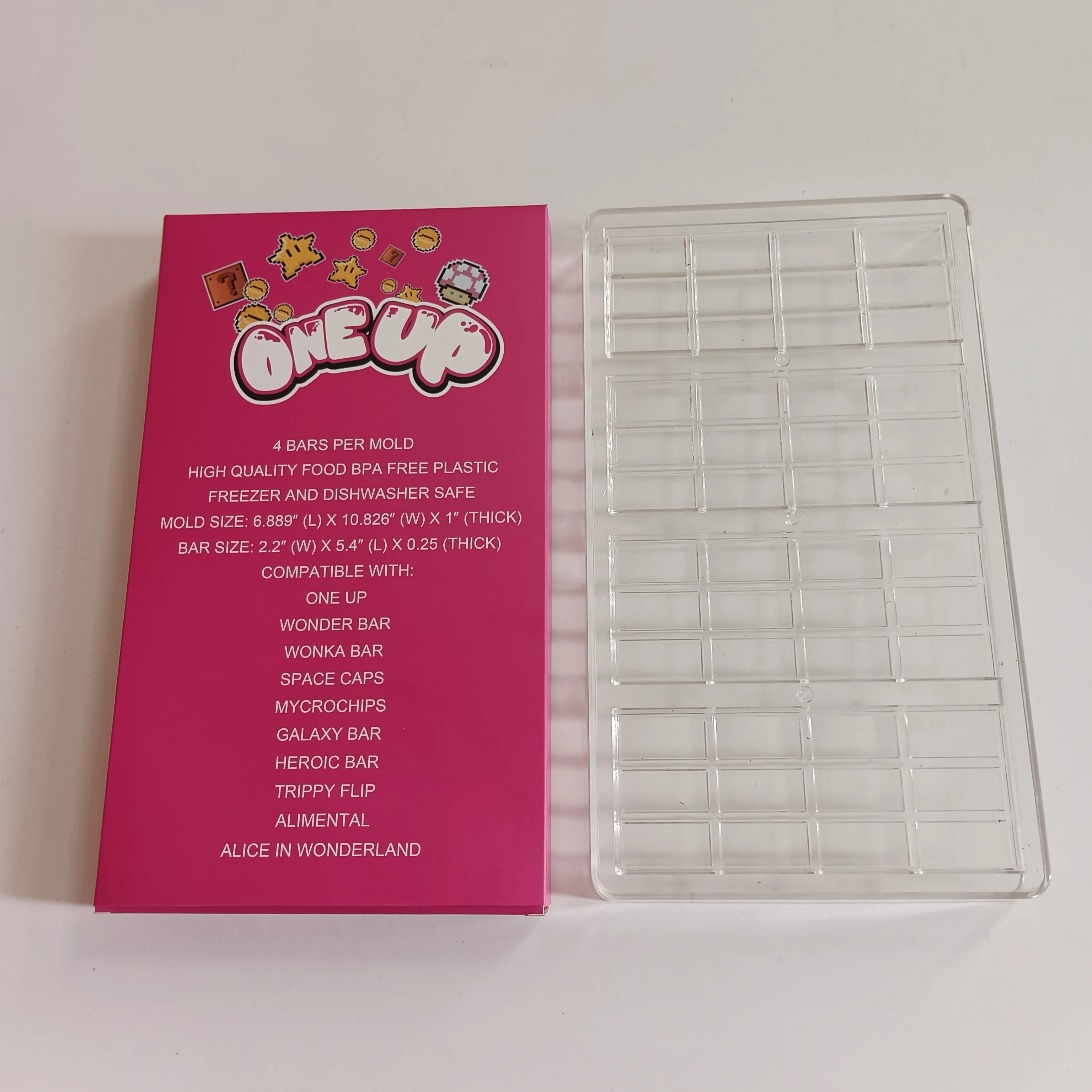 Oneup One Up Molde de chocolate compatible con setas de 3,5 g, barra de chocolate, leche, chocolate, galletas y crema, paquete B