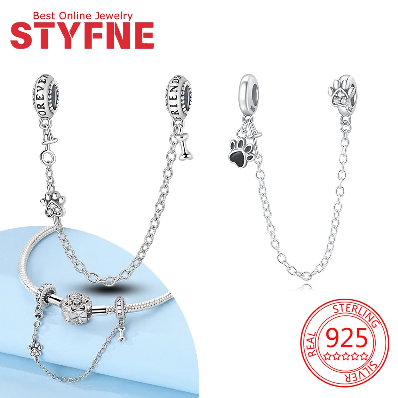

Safety Chains Sterling Silver 925 Dog Cat Paw Heart Charms Fit Original Bracelets Beads for Women DIY Jewelry Making Gift