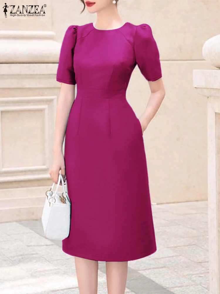 ZANZEA Elegant Women Satin Party Dress 2025 Summer Stylish O Neck Puff Sleeve Midi Dresses Fitted Waist Classy Robes Femme