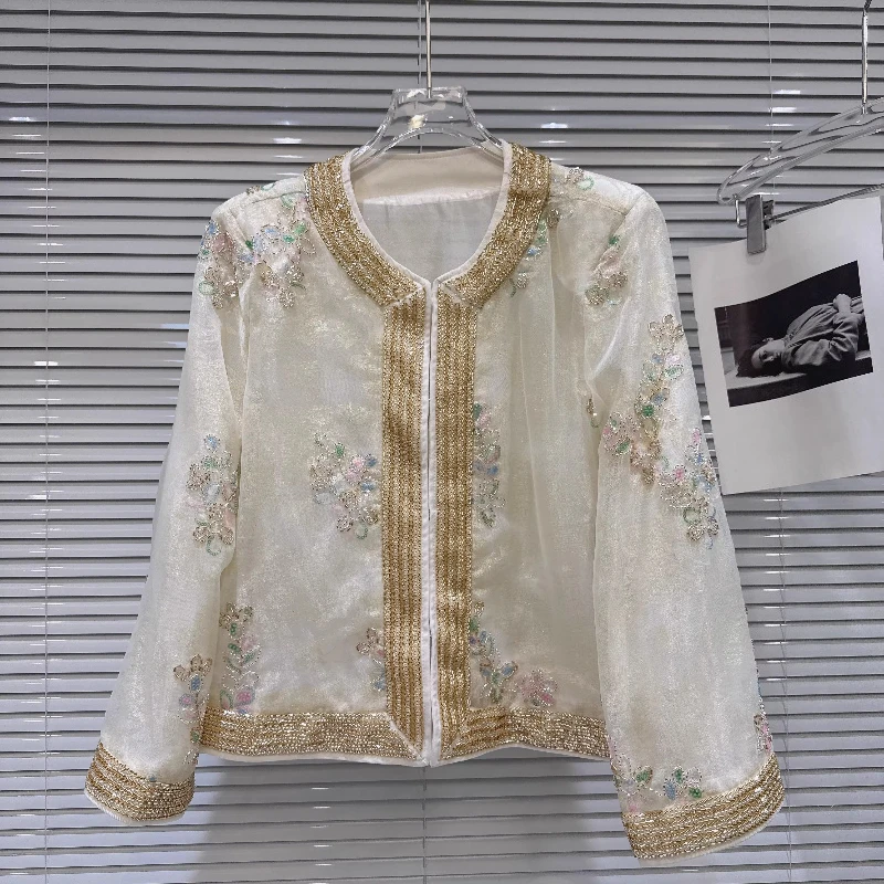 

Women's White Floral Embroidered Jacket 2026 Spring New Gold Trim Sheen Fabric Long Sleeve Elegan Temperament Jackets Ladies