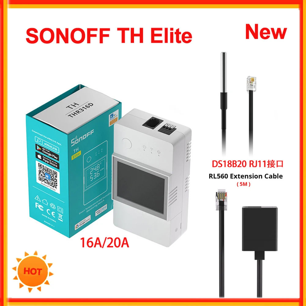 

SONOFF TH Elite 16A 20A Wifi Smart Temperature and Humidity Monitoring Switch THS01 DS18b20 Sensor Smart Home Via eWelink Alexa